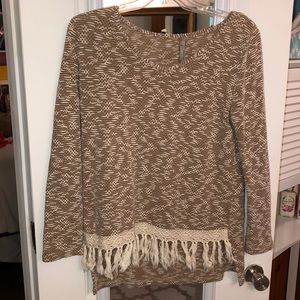 Beige Fringe Sweater with white Design